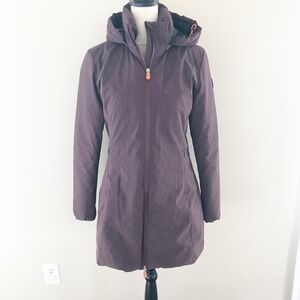 Save The Duck Womens Small Rainy Hooded Parka Coat Plum Burgundy Vegan Puffer